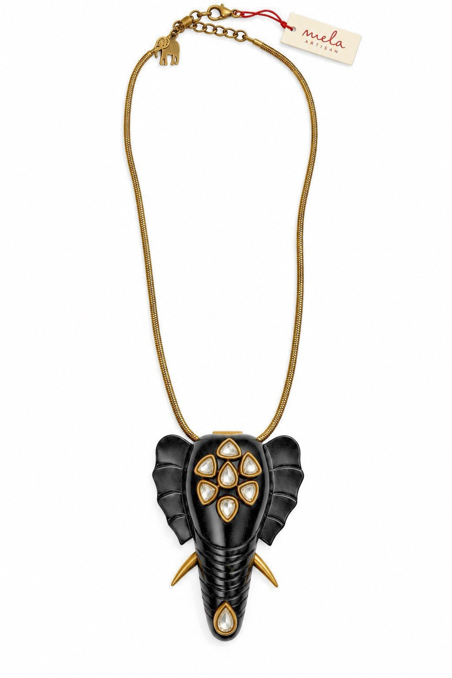 MELA ARTISANS ELEPHANT STATEMENT NECKLACE 14K GOLD PLATED BLACK RESIN CRYSTAL